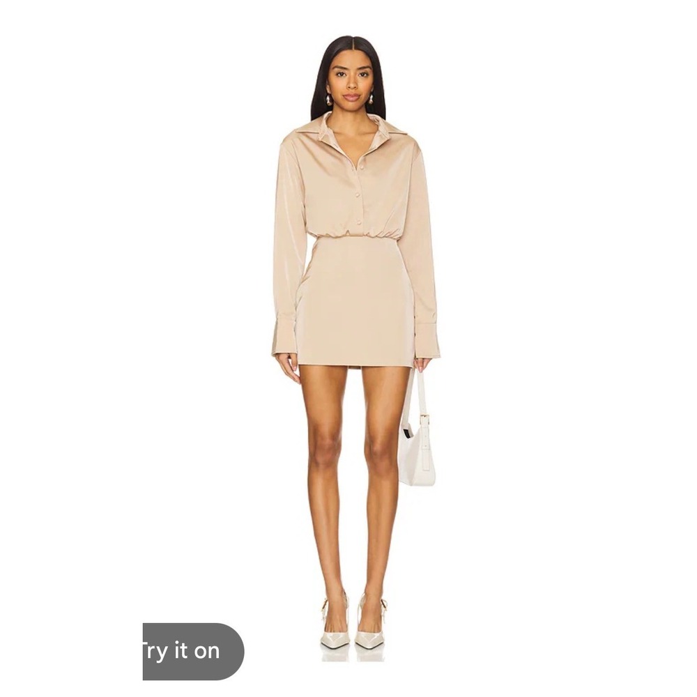 NWT All The Ways Champagne Satin Long Sleeve Mini Dress Tan Button Front Small